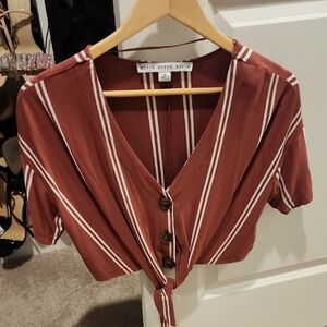 HYFVE Brown and White Striped Tie-Front Crop Top